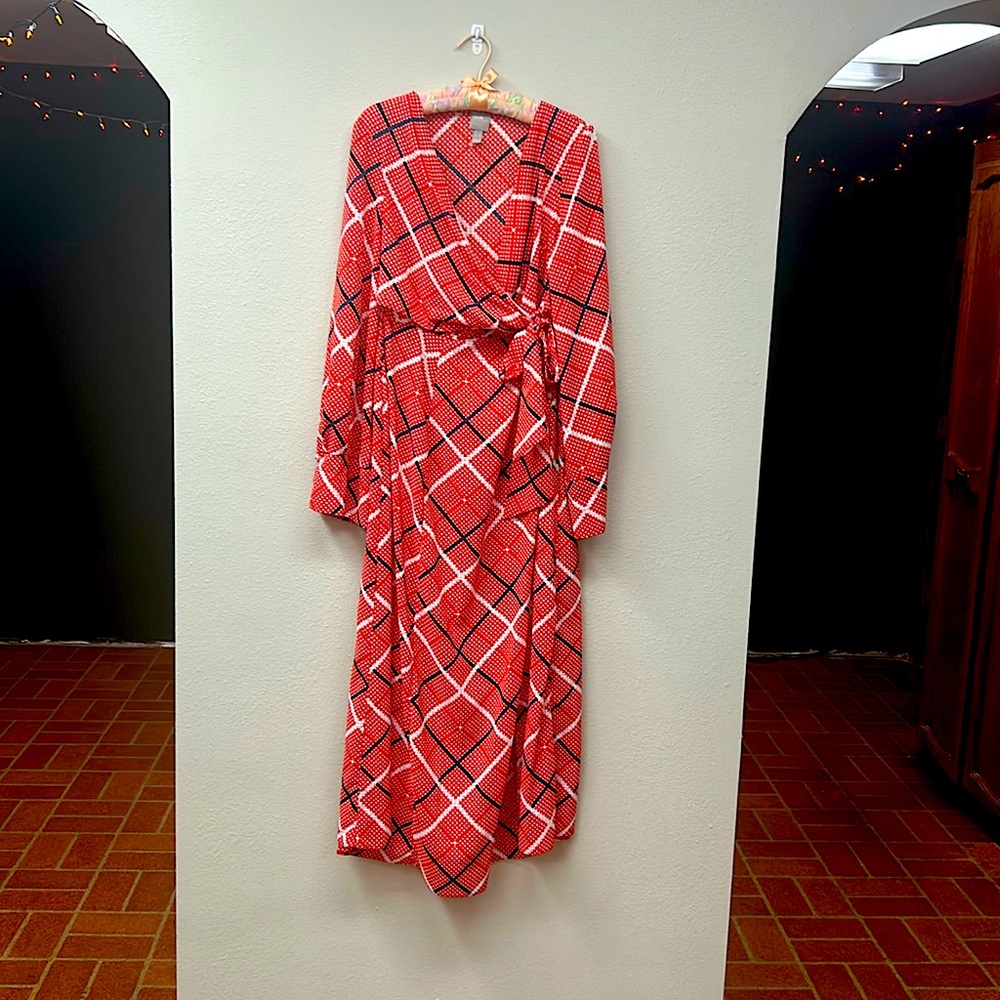 Wrap front, red and navy, plaid long mid length dress.